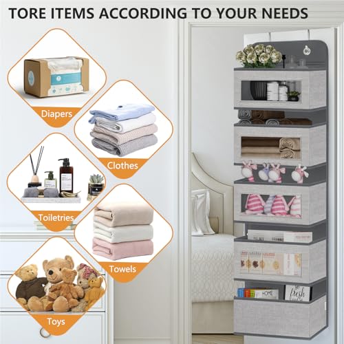 VERONLY Over The Door Hanging Organizer Storage with 5 Large Pockets,Wall Mount Clear Windows and 2 Widened Metal Hooks for Pantry,Nursery,Diapers,Bathroom,Kitchen,Closet,Dorm - color: Dark Grey