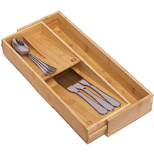 guiogc Bamboo Kitchen Drawer Organizer, Silverware Organizer Expandable Utensil Holder with Removable Knife Block, Cutlery Tray with Drawer Dividers for Kitchen Utensils and Flatware - size: L