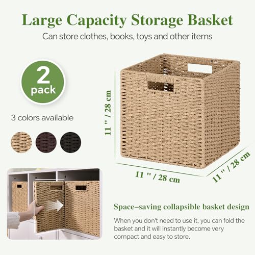 Woven Wicker Storage Baskets 2-Pack, 11x11 Handwoven Paper Rope Organizer Bins, Foldable Cube Storage Cubes with Built-in Handles for Shelves and Closet Organization(Natural Beige) - color: Natural Beige, size: 2 Pack