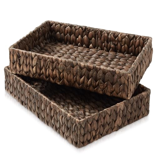 Casafield Set of 2 Bathroom Storage Baskets, Espresso - Water Hyacinth, 15.75" W x 11.25" D x 3.25" H, Woven Toilet Tank Topper Bins for Organizing Tissues, Toilet Paper, Toiletries, Shelves - color: Espresso - Hyacinth, size: 15.75" x 11.25" x 3.25"