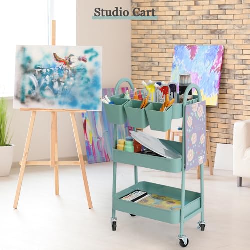 danpinera 3-Tier Rolling Cart, Utility Cart Mobile Metal Rolling Storage Cart with Lockable Wheels & Hanging Cups & Hooks for Kitchen, Bathroom, Office, Workshop, Green - color: Green, size: Normal (3 tier)