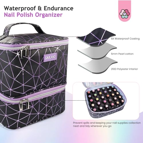 SAVILAND Nail Polish Organizer Bag: PU Leather Nail Kit Organizer Holds 30 Bottles & Nail Lamp, Black Nail Supply Organizer Nail Polish Carrying Case Gel Nail Organizers and Storage Box for Nail Tech - color: Black