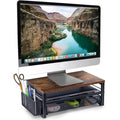 ARCOBIS Monitor Riser with Drawers and Pen Holders, Wood & Mesh Metal Computer Monitor Stand with Storage for Desk, Rustic Brown