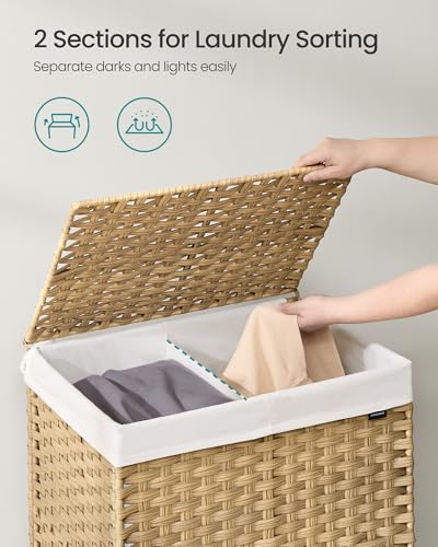 SONGMICS Laundry Hamper with Lid, 38.3 Gallons (145 L), Rolling Laundry Basket with Wheels, 2-Section Synthetic Rattan, Removable Liner, Bedroom, 21.7 x 15.7 x 26 Inches, Natural Color ULCB262Y01 - color: Natural, size: 145 L
