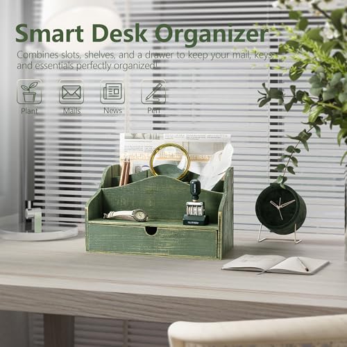 Pine Wood Mail Organizer for Desk - Rustic Style Mail Sorter Countertop Organizer for Files, Letters & Small Items - Farmhouse Letter Holder with Drawer for Office Desk & Home Decor (Green) - color: A-Green