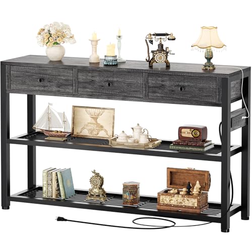 Ecoprsio 47'' Entryway Table with Outlets and USB Ports, Console Table with 3 Drawers, Sofa Table Narrow Long with Storage Shelves for Living Room, Couch, Hallway, Foyer, Kitchen Counter, Grey - color: Grey Oak, size: 47-In