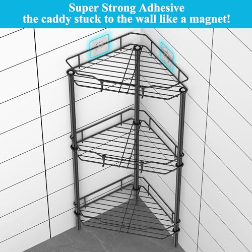 HuggieGems 3 Tier Floor Standing Corner Shower Caddy Organizer Shelf with Hooks, Bathroom Shelves Stand Rack, Black - color: Black, size: 3 Tier