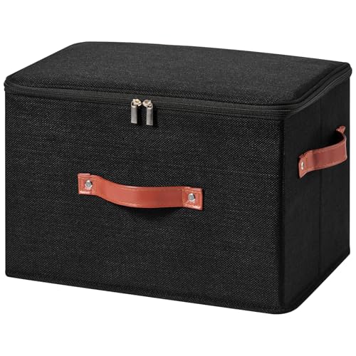 Storage Bin Box with Zippered Lid Cotton Linen Fabric Decorative Basket with PU Leather Handles PP Plastic Board Foldable Lidded Clothing Shelf Closet Organizer Container (Black, Large) - color: Black, size: Large ( Pack of 1 )