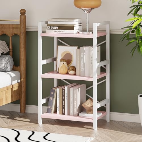 Homeiju Pink Bookshelf, 3 Tier Industrial Bookcase, Metal Small Bookcase, Rustic Etagere Book Shelf Storage Organizer for Living Room, Bedroom, and Home Office(Pink) Patent Pending D29873033 - color: Pink, size: 3 Tier