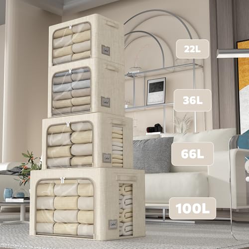 FHSQX 6 Pack Clothes Storage Bins with Metal Frame Foldable Storage Bins for Clothes Linen Fabric Storage Box with Clear Window (Beige, 15.7x11.8x11.8inch(36L)) - color: Beige, size: 15.7x11.8x11.8inch(36L)