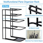 Toplife Heavy Duty Pan Organizer, 5 Tier Pot and Pan Organizer Rack for Cast Iron Skillets, Griddles and Pots - Sturdy Steel Construction- No Assembly Required - Black