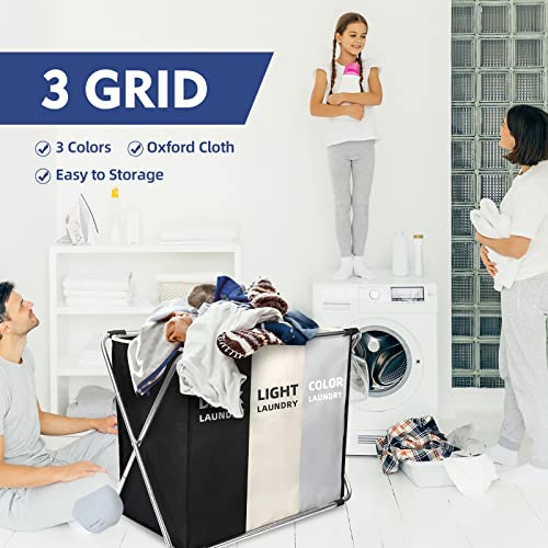 135L Laundry Cloth Hamper Sorter Basket Bin Foldable 3 Sections with Aluminum Frame 26''×24''H Washing Storage Dirty Clothes Bag for Bathroom Bedroom Home Storage Basket (Black+light grey+dark grey, 3 - color: Black+white+gray, size: 3 Sections