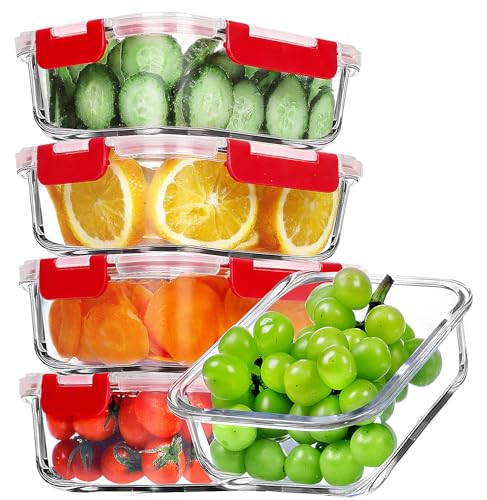 VERONES 5 Pack 36 OZ Glass Meal Prep Containers, Airtight Glass Lunch Containers Set, Glass Food Storage Containers with Lids,Exclusive of BPA, for Microwave, Oven, Freezer & Dishwasher Friendly,Red - color: Red
