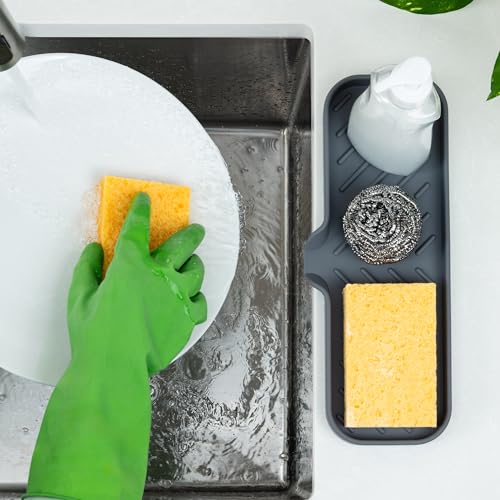 Zulay Kitchen Large Silicone Sponge Holder (12x4) – Flexible Sink Organizer Tray for Kitchen & Bathroom – Multipurpose Soap Dish for Sponges, Makeup, Trinkets & More (Grey) - color: Grey, size: Large (12x4)