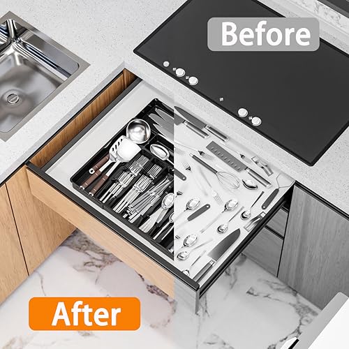 Silverware Drawer Organizer, Expandable Utensil Tray for Kitchen Drawers, BPA Free Flatware and Cutlery Holder, Adjustable Plastic Storage for Utensil like Spoons, Forks, Knives.Black - color: Black-8 grid