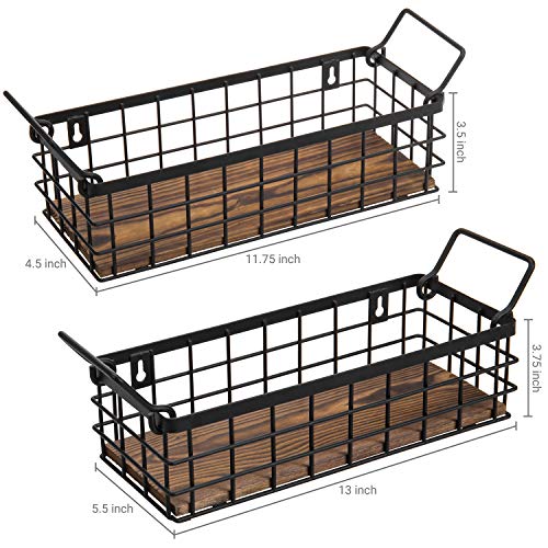 MyGift Set of 2 Black Wire Baskets for Organizing – Storage Baskets/Pantry Baskets for Shelves & Wall - color: Black, Burnt Wood