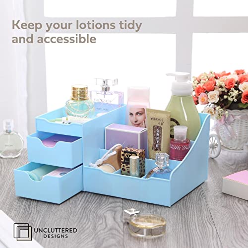 Uncluttered Designs Makeup Organizer With Drawers - Modern Countertop Storage for Cosmetics - Chic Vanity Holder for Cologne, Skincare, Brush, Lipstick, Nail Polish Organization & Display (Blue) - color: Pastel Blue