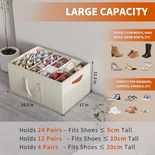 Aokeyee 2 Pack Shoe Organizer for Closet, Large Shoe Storage Box Fits up to 48 Pairs, Space Saving Foldable Shoes Organizer Bin w/Clear Cover and 4 Reinforced Handles, Beige - color: Beige, size: Fits up to 48 Pairs
