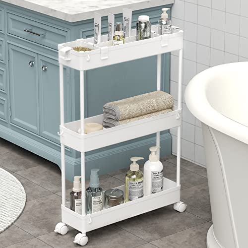 SPACELEAD Slim Storage Cart 3 Tier,Bathroom Organizer Rolling Utility, Mobile Shelving Unit Slide Out for Office, Kitchen, Laundry Room & Narrow Places,White - color: White