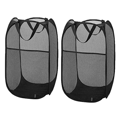 Larpur Popup Mesh Laundry Basket, Collapsible and Portable Clothes Washing Laundry Hamper with Reinforced Carry Handle (Black 2pcs) - color: 2*BLACK