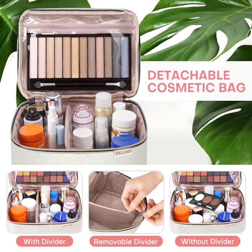 HXLGMD Large Makeup Bag with Mirror Double Layer Travel Make Up Organizer Case, Large Capacity Coemetic with Brush Slot Divider, Travel Toiletry Bag for Women - White/Beige - color: Beige