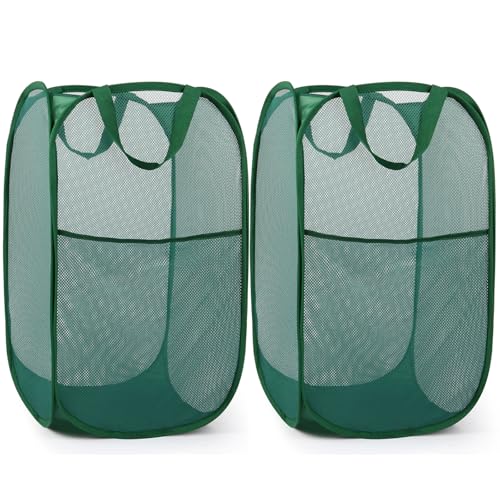 2 Pack Durable Collapsible Laundry Baskets - Reinforced Mesh Pop Up Laundry Hamper with Pocket, Foldable Dirty Clothes Hamper with Carry Handles for Laundry, Bathroom, Kids Room, Dorm or Travel Green - color: 2 x Green, size: Pop Vertical