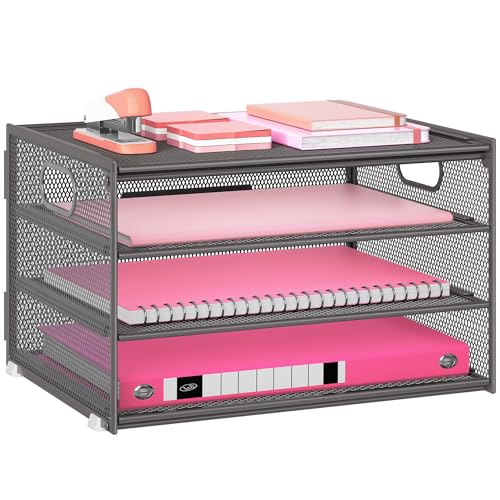Lavatino 3-Tier Letter Tray Desk Organizer, Mesh Metal Paper File Tray Organizer for Desk, Office Supplies & Home Organization, Fits A4 Paper, Mail, Magazines & Office Accessories (Grey with Handle) - color: 4-tier With Handle - Grey
