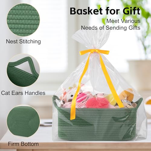 OIAHOMY Woven Basket, Gift Basket Empty with Gift Bags and Ribbons, Rope Baskets for Baby Showers, Storage Baskets with Handles for Nursery, Pet Toy Organizer - Olive Green - color: Olive Green, size: Medium: 13.5L*10W*6H
