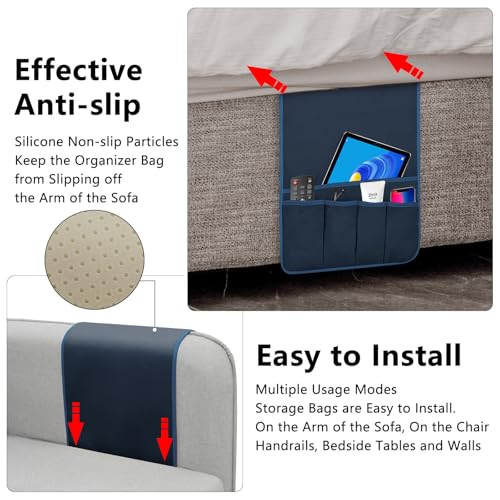 TV Remote Control Holder Couch Caddy, Non-slip Bedside Caddy Organizer with 5 Pockets for Key Glasses Phone Magazine Holders - color: Blue-A, size: 35"x12.4"