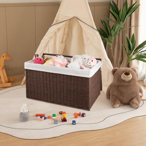 OIAHOMY Storage Basket with Lid, 27.7 Gallon (105L) Blanket Basket with Removable Separated Liner Bag, Paper Rope Hamper with Handle, Foldable, Shelf Basket for Living Room, Brown - color: Brown