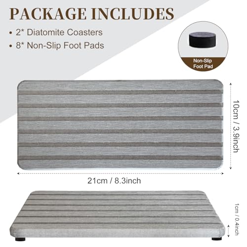 2PCS Fast-Dry Diatomite Sink Tray Set, Ultra Absorbent Soap Holder & Coaster with Non-Slip Feet & Grooved Design, Bathroom Kitchen Countertop Organizer, 8.3x4 Inches (Grey)