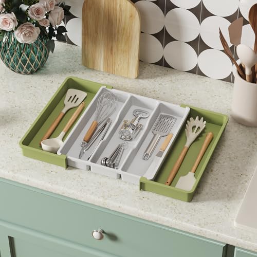 Lifewit Utensil Organizer for Kitchen Drawers, Expandable Cooking Utensil Tray, Adjustable Cutlery Silverware Flatware Holder, Plastic Spatula Tools Storage Divider, 13-22 x 15", Green&White - color: Green&White, size: Large(13-22''W x 15"D)
