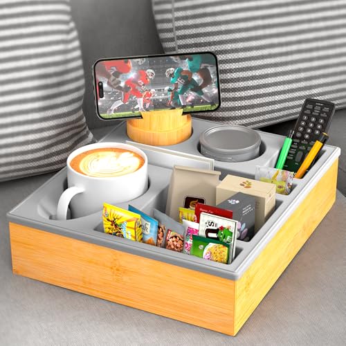 Couch Cup Holder Tray - Couch Organizer Caddy, Silicone Beach Caddy with Cup Holder, Sofa and Bed Drink Holder and Couch Tray Table for Snacks Beverage Remote (Gray) - color: Gray