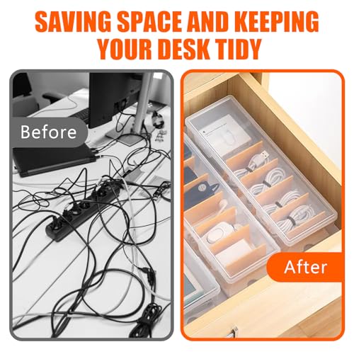 Charger Organizer, Cable Cord Organizer Box (2PCS) - Adjustable Dividers, 16 Cable Ties, Clear Charger Storage Box for Cable, Phone, Drawer Organization