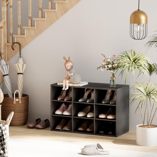 Garden 4 you Shoe Storage Bench, Cubby Shoe Rack with 9 Cubbies, 3-Tier Wood Shoe Rack Organizer, Shoe Organizer Cabinet for Entryway, Hallway, Closet and Garage, Black - color: Black, size: 9-cube 3-tier