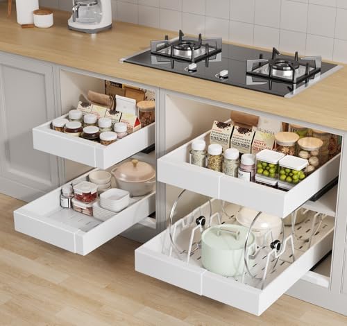 Seinloes 4 Pack Pull out Cabinet Organizer 21" Deep With Raising Pad for Framed Cabinets, Expandable (9"-14" W) Slide out Drawers for Kitchen Cabinets with 4pcs Divider Racks, Roll out Shelves, White - color: White, size: 9"-14"W x 21"D(4Pack)