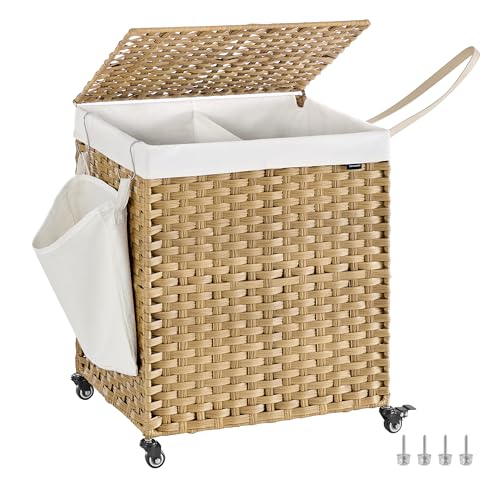 SONGMICS Laundry Hamper with Lid, 38.3 Gallons (145 L), Rolling Laundry Basket with Wheels, 2-Section Synthetic Rattan, Removable Liner, Bedroom, 21.7 x 15.7 x 26 Inches, Natural Color ULCB262Y01 - color: Natural, size: 145 L