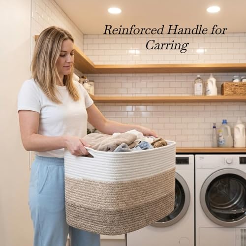 Optish 75L Large Blanket Basket, Woven Storage Baskets with Reinforced Handles, Rope Laundry Basket for Living Room, Bedroom, Nursery, Toys, Clothes, Pillows, 22” x 17” x 11.5”, White & Brown - color: White & Mix Brown, size: 22" x 17" x 11.5"(75L)