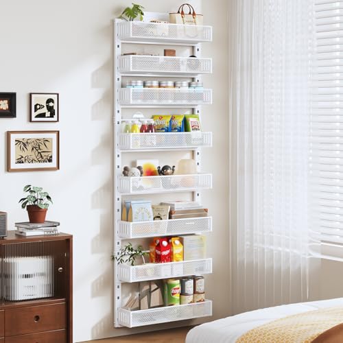 Pantry Door Organizers and Storage, 8-Tier Large Metal Heavy-Duty Frame Over the Door Spice Rack, 2 in 1 Wall-Mounted or Hanging shelf for Kitchen, Bathroom, Laundry Room, Bedroom, Closet &Nursery - color: White, size: 17.12"W-8 tier