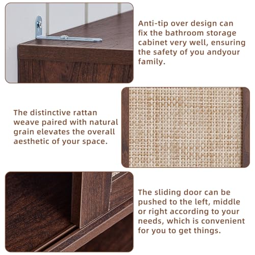 LEYAOYAO Rattan Over The Toilet Storage Cabinet, Farmhouse Over Toilet Bathroom Organizer with Sliding Door, 68" Tall Freestanding Washer Shelf with Adjustable Shelf & Curved Profile, Walnut - color: Walnut, size: 10"D×23.3"W×68"H