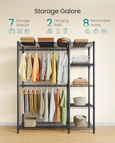 SONGMICS Clothing Rack, Heavy-Duty Garment Rack with Adjustable Storage Shelves and Hanging Rails, Hooks, Freestanding Portable Wardrobe Closet, Ink Black ULGR426BH01S - color: Ink Black, size: 45"L x 76.4"H, style: Without Fabric Cover