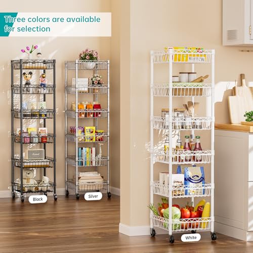 SINGAYE Shelf 6 Tier Wire Shelving Unit with Wheels Baskets Storage Rack Corner Shelves Adjustable Closet Bathroom Organizers Metal Pantry Kitchen Garage Laundry Room 13.5" D x 13.5" W x 63" H White - color: White, size: 6-Tier[13.5"Dx13.5"Wx63"H]