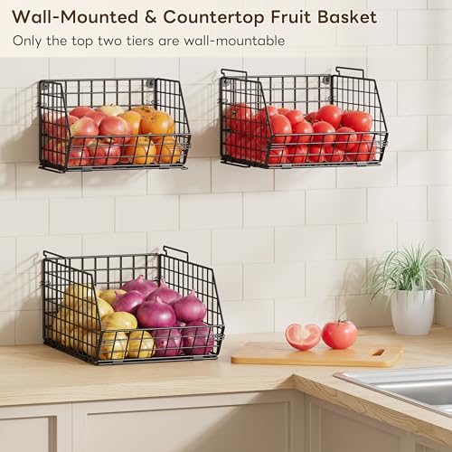 X-cosrack Stackable Wire Baskets for Counter, Fruit and Vegetable Storage, Potato and Onion Storage Bin，Kitchen Pantry Organizer - Wall Basket for Produce/Snack/Can, 3-tier Large, Black - size: 3-tier Large