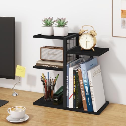 ELITEROO Desktop Bookshelf, 4 Tier Wood Desk Organizer Shelf, Tabletop Storage Shelf Rack for Office Supplies, Desk Decorations for Women Office, Rustic Black - color: Black