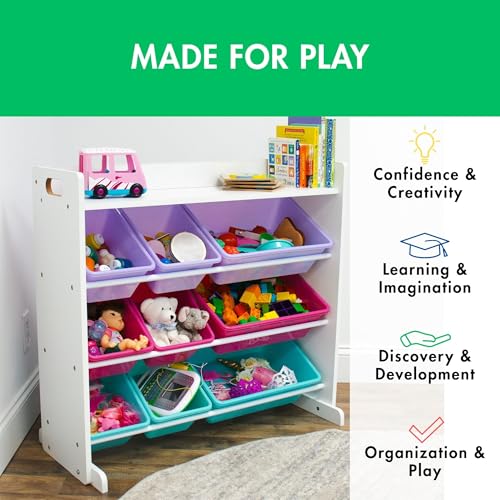 Humble Crew Toy Storage Organizer with 9 Removable Storage Bins for Kids Playroom, 3-Tier with Top Shelf Toddler Toy Organization, White/Pink/Purple/Aqua - color: White/Pink/Purple/Aqua