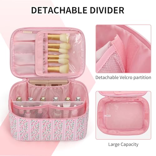 OCHEAL Makeup Bag for Women - Travel Cosmetic Organizer with Brush Slot & Divider, Large Capacity Toiletry Bag for Girls, Travel Makeup Case for everyday Make up Accessories -Pink Floral - color: 0020_Floral Pink, size: Medium