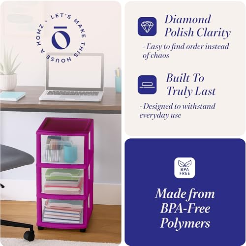 HOMZ Drawer Tower, 3-Tier Clear Plastic Storage Organizer Cart, Purple Frame - Rolling Drawer Containers with Wheels for Bathroom, Bedroom, Office, and Classroom Organization - color: Purple, size: 1 Pack