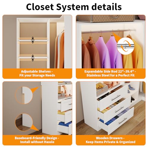 Closet System with 6 Drawers, Corner Closet Organizer Systems with 8 Shelves & 7 Hanging Rods L-Shaped Walk in Closet Freestanding Corner Tower Modular Storage System 3 Sets 2100+ Lbs Capacity White - color: 3 Sets - 86.8''