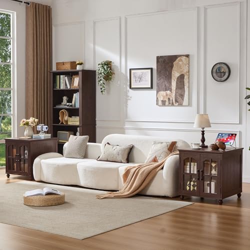 RWYHG Farmhouse End Table with Charging Station,24" Large Sofa Side Table with Glass Barn Door,Rustic Wood Night Stand with Adjustable Storage Shelf,Square Bedside Table for Living Room,Bedroom Office - color: Retro Walnut, size: Set 1