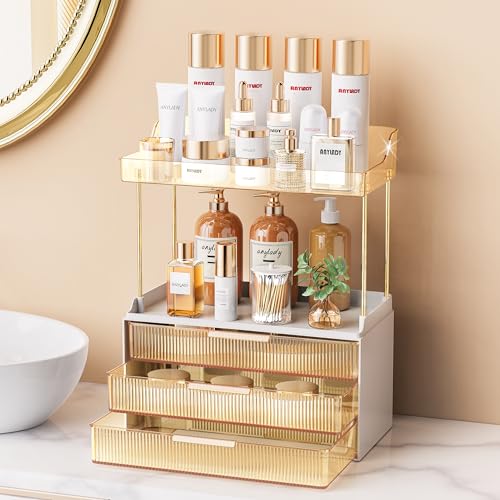 Anylady Bathroom Organizers and Storage, Makeup Organizer (Sturdy Durable Attractive), Ideal for Vanity, Countertop, Counter, Perfume, Skincare, Cabinet, Cosmetic, Dresser Organizer (Gold) - color: Gold